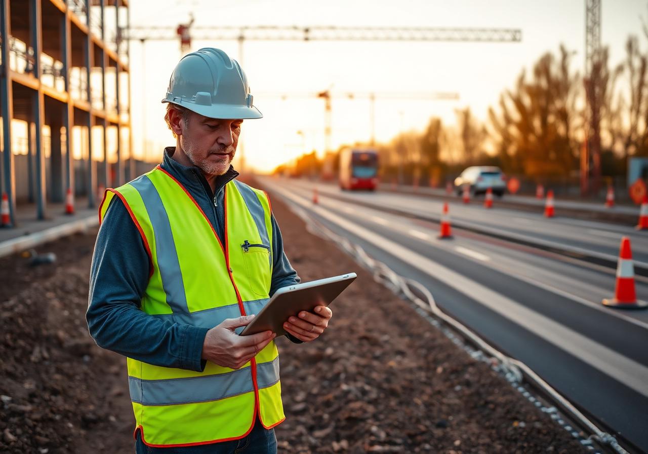 Voorman op infrastructuurproject met tablet