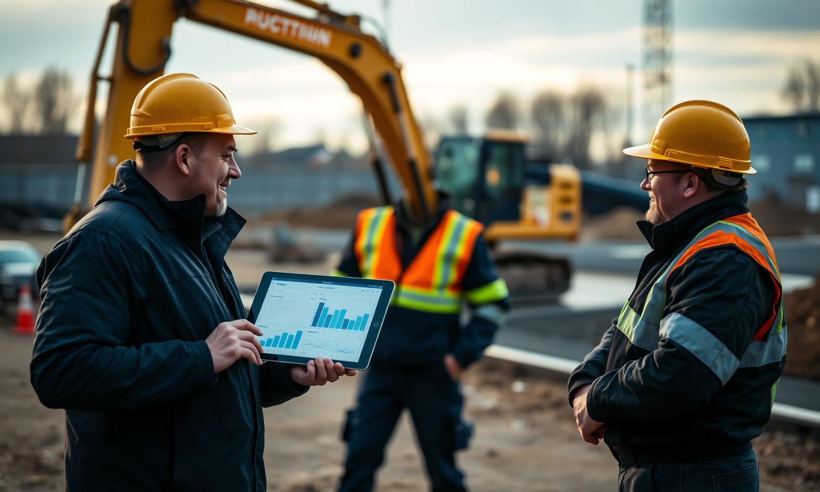 InfraPay adviseur toont dashboard op tablet aan bouwploeg op locatie